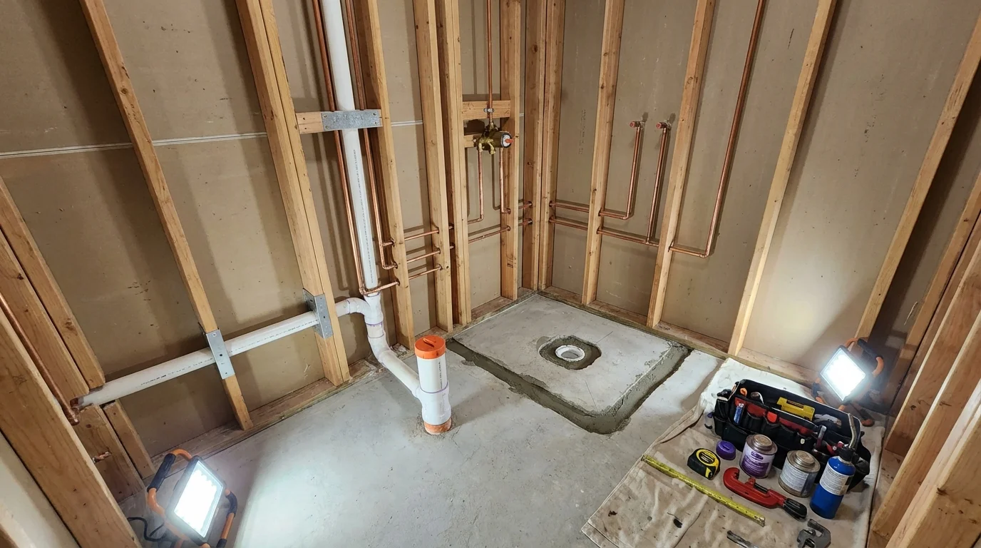 Bathroom rough-in plumbing during remodel by Johns Plumbing LLC in Ferriday
