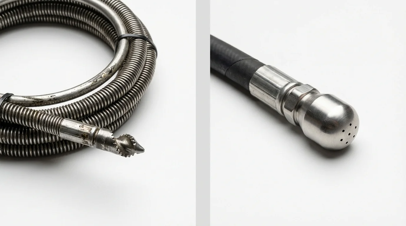 Drain snake cable and hydro jetting nozzle used for drain cleaning in Ferriday, LA