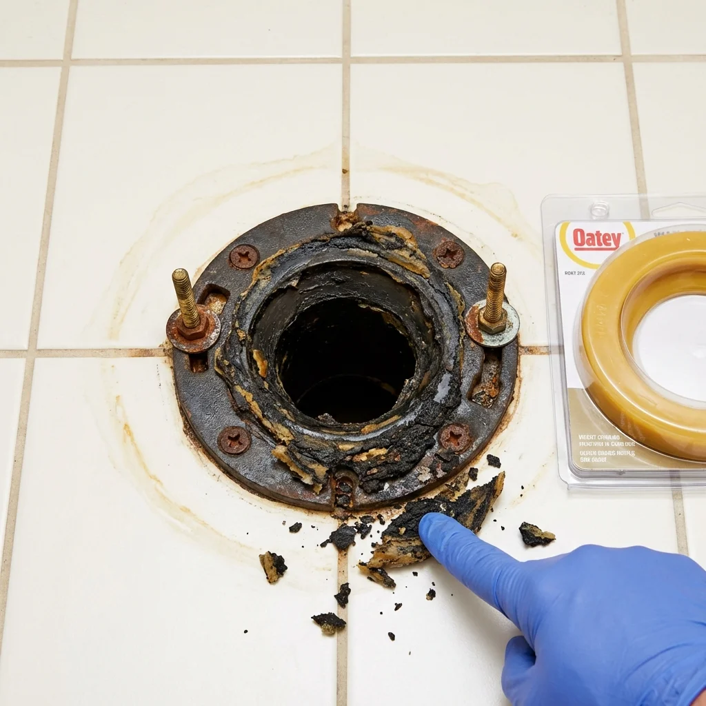 Failed wax ring showing water seepage at the base of a toilet in a Ferriday, LA home