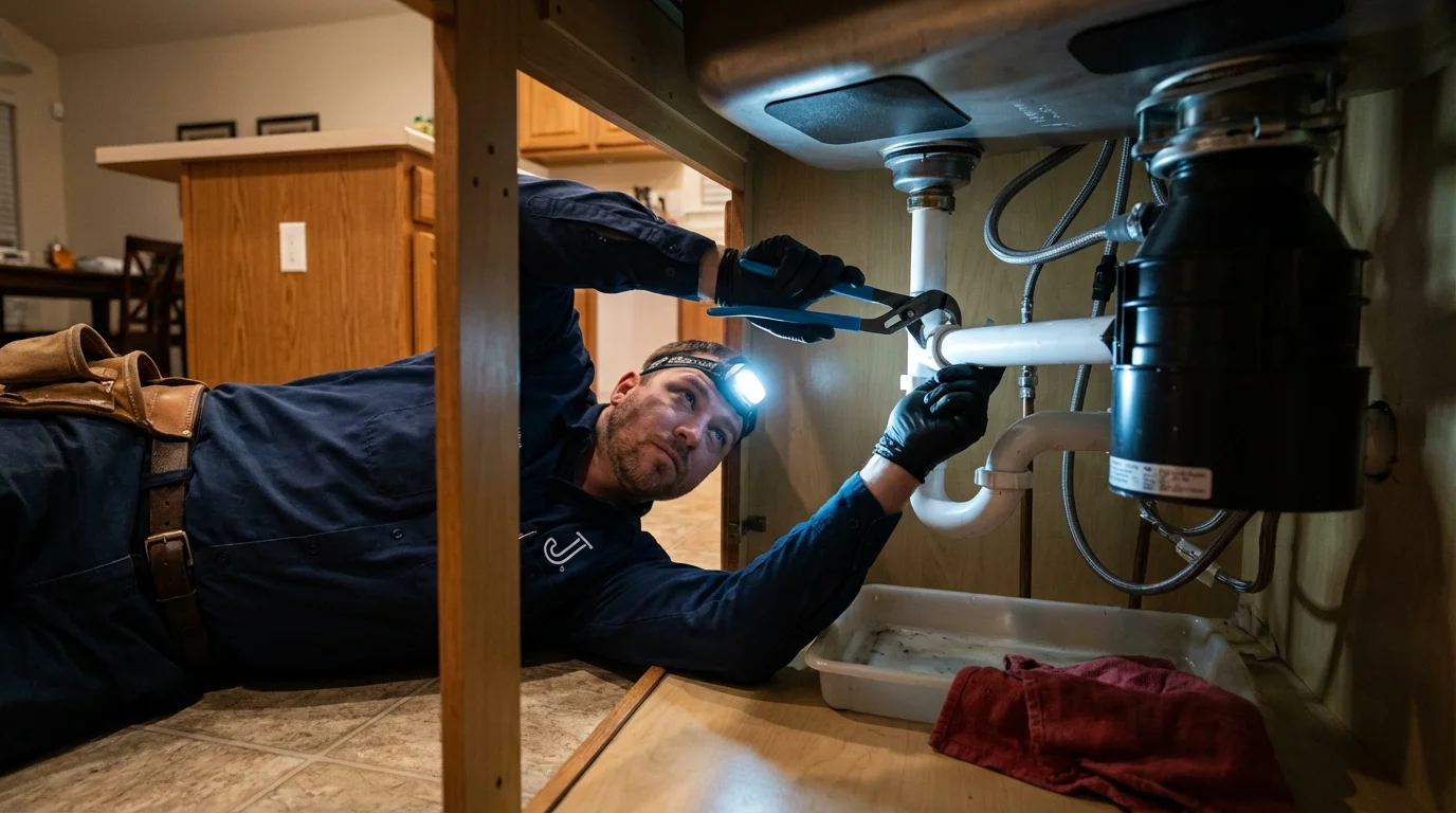 P-trap and supply line connections under a kitchen sink showing a common leak point in Ferriday, LA